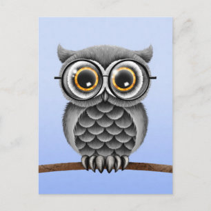Carte Postale Chouette gris farci mignonne avec lunettes, bleu c