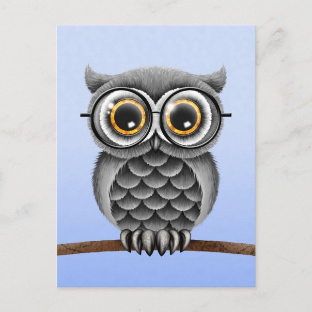 Carte Postale Chouette gris farci mignonne avec lunettes, bleu c (Devant)