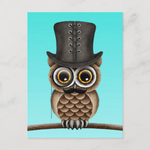 Carte Postale Chouette mignonne avec Monocle et chapeau bleu