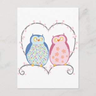Carte Postale Chouette mignonne en amour Coeur rose Bleu Clipart