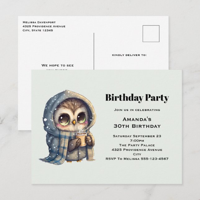 Carte Postale Chouette mignonne en hiver avec fête d'anniversair (Devant / Derrière)