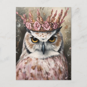 Carte Postale Chouette neigeuse dans une couronne florale rose