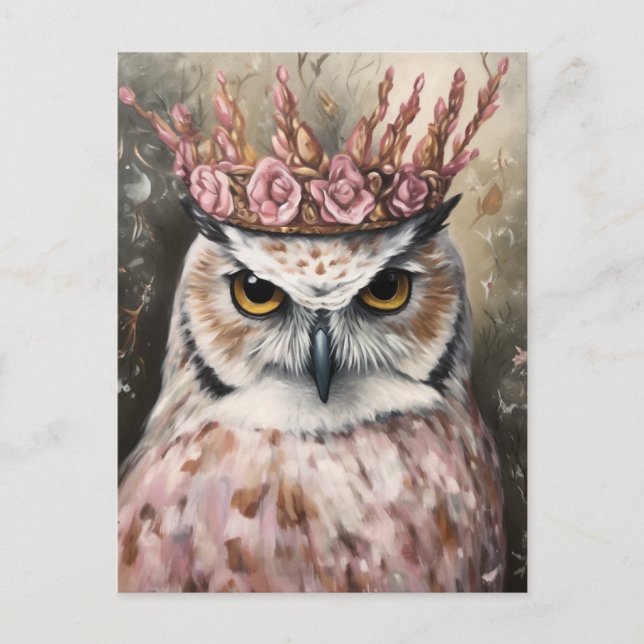 Carte Postale Chouette neigeuse dans une couronne florale rose (Devant)