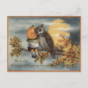 Carte Postale Chouette Pumpkinhead Arbre Pleine Lune Citrouille