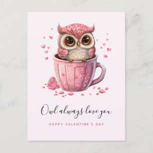 Carte Postale Chouette rose mignonne en coupe Saint-Valentin