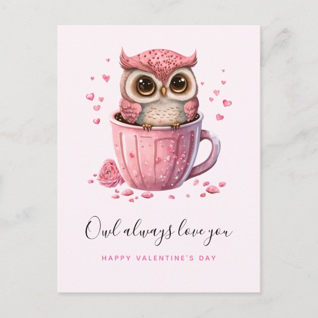 Carte Postale Chouette rose mignonne en coupe Saint-Valentin (Devant)