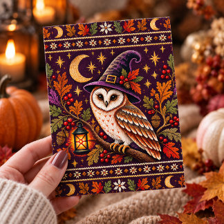 Carte Postale Chouette Sorcière Tricotée Cosy Art d'Halloween et