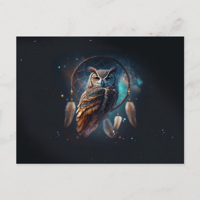 Carte Postale Chouette spatiale mystique avec Dreamcatcher Art (Devant)