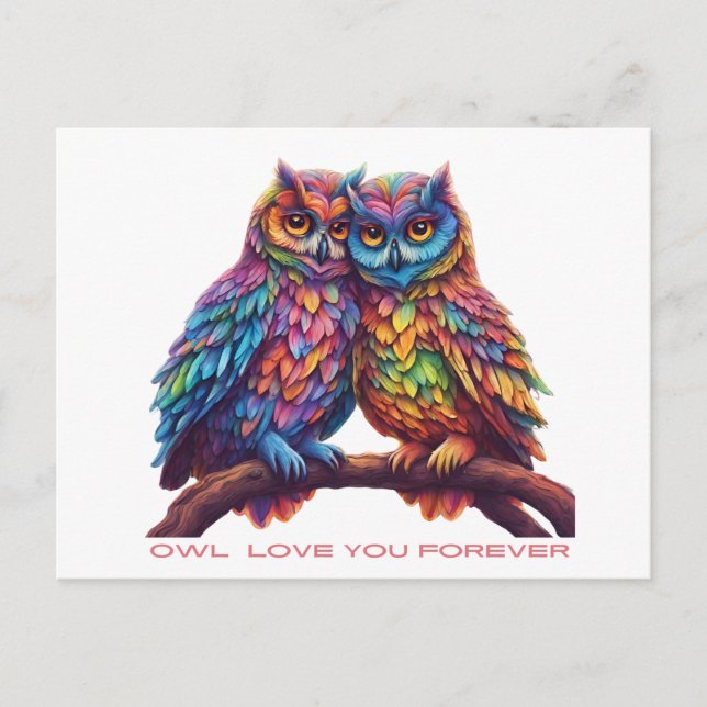 Carte Postale Chouettes colorées-Inséparables-Saint-Valentin (Devant)