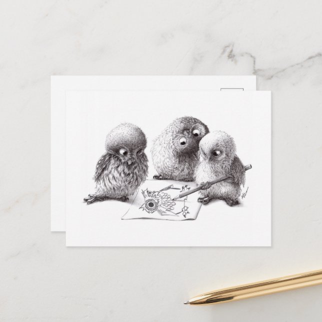 Carte Postale Chouettes d'artistes (Devant/Arrière en situation)