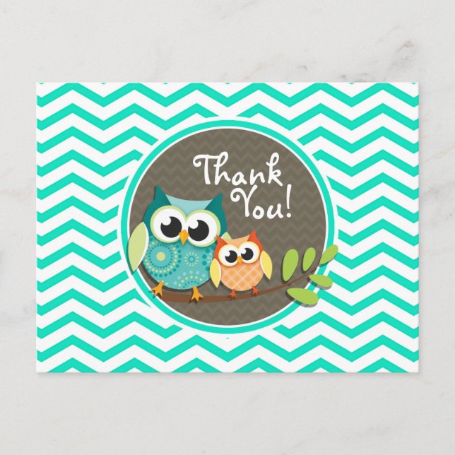Carte Postale Chouettes mignonnes ; Aqua Green Chevron (Devant)