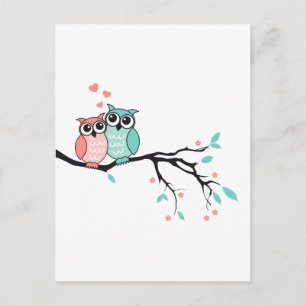 Carte Postale Chouettes mignonnes en amour sur branche d'arbre