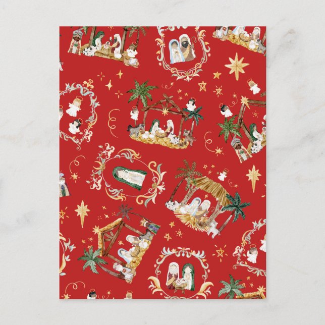 Carte Postale Christian Christmas Watercolor Nativité Rouge (Devant)