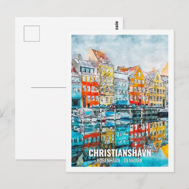Carte Postale Christianshavn Kobenhavn Travel Place aquarelle (Devant / Derrière)