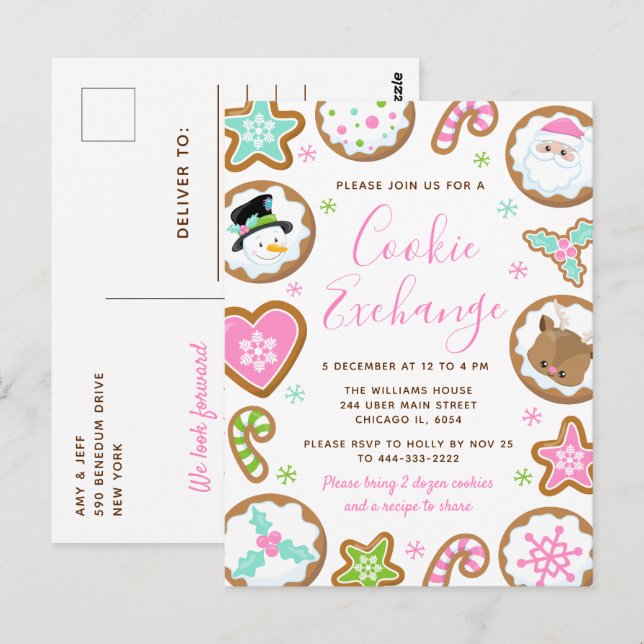 Carte Postale Christmas Cookie Exchange Pink and Green (Devant / Derrière)