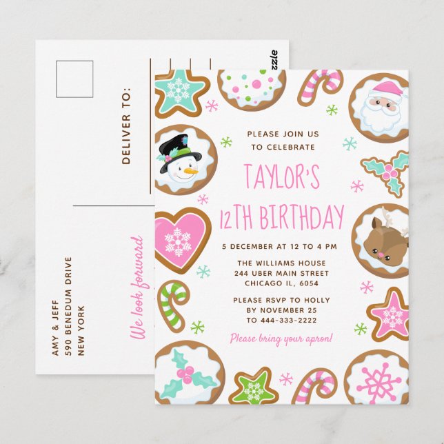 Carte Postale Christmas Cookies Birthday Party Pink and Green (Devant / Derrière)