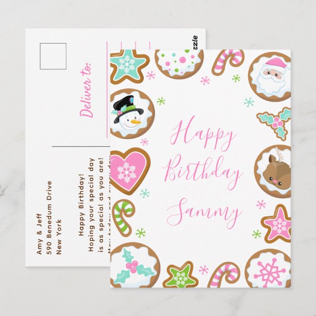 Carte Postale Christmas Cookies Pink and Green Happy Birthday (Devant / Derrière)