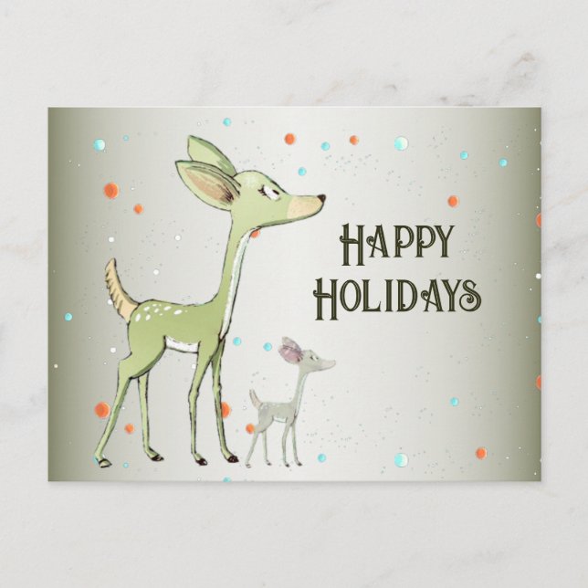 Carte Postale Christmas Greeting Green Deers Holidays Cute (Devant)