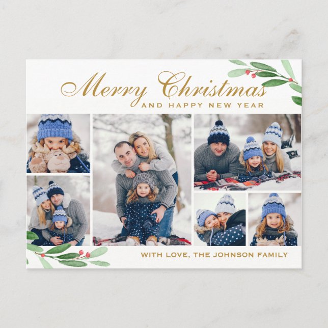 Carte Postale Christmas Holly Berry 6 PHOTO Collage Salutation (Devant)