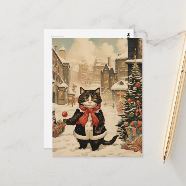 Carte Postale Christmas Kitty, Jour de la neige (Devant/Arrière en situation)