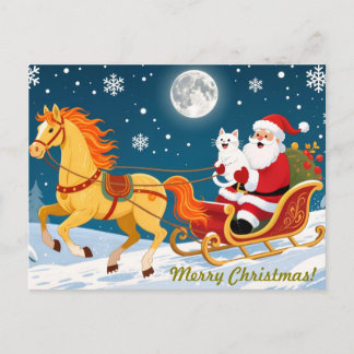 Carte Postale Christmas, New Year, Red Horse, Santa & White Cat