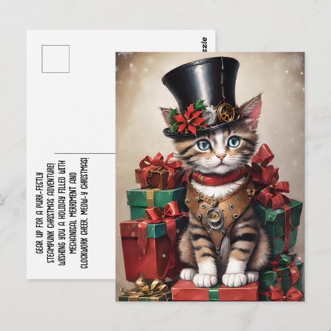 Carte Postale Christmas Steampunk Tabby Kitten (Devant / Derrière)