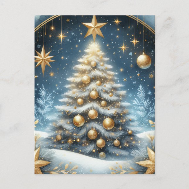 Carte Postale Christmas tree starry night, blues and gold design (Devant)