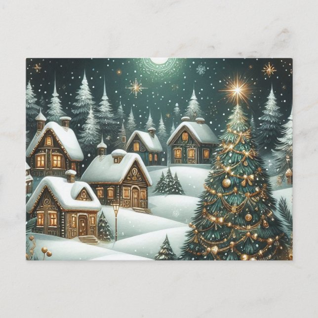 Carte Postale Christmas winter scene village & starry night (Devant)