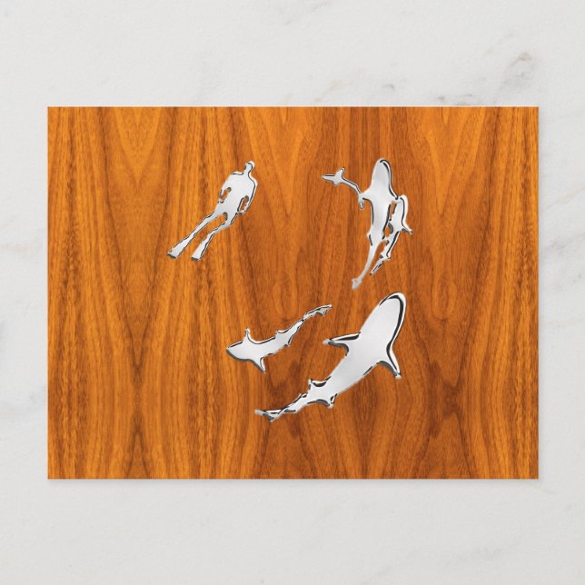Carte Postale Chrome Comme Plongeur avec requins sur la plaque d (Devant)