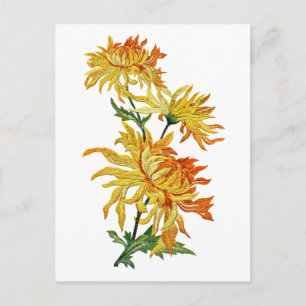 Carte Postale Chrysanthème chinois doré brodé