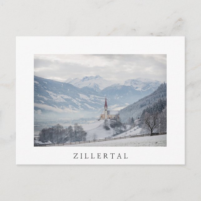 Carte Postale Church dans le Zillertal en hiver blanc text postc (Devant)