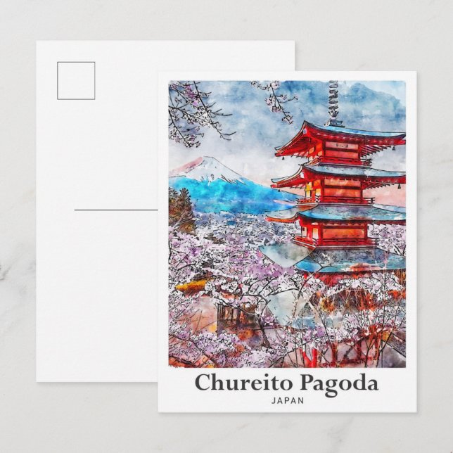 Carte Postale Chureito Pagoda Japon Voyage Aquarelle main tirée (Devant / Derrière)