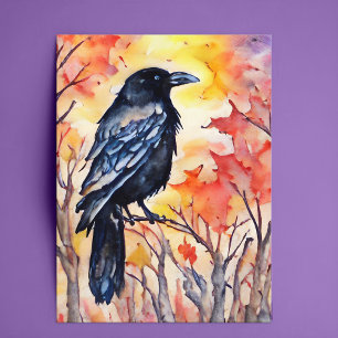Carte Postale Chute Corbeau Aquarelle Automne Feuilles Oiseau No