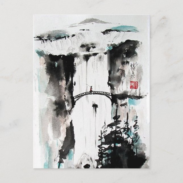 Carte Postale chute d'eau aquarelle chinoise (Devant)