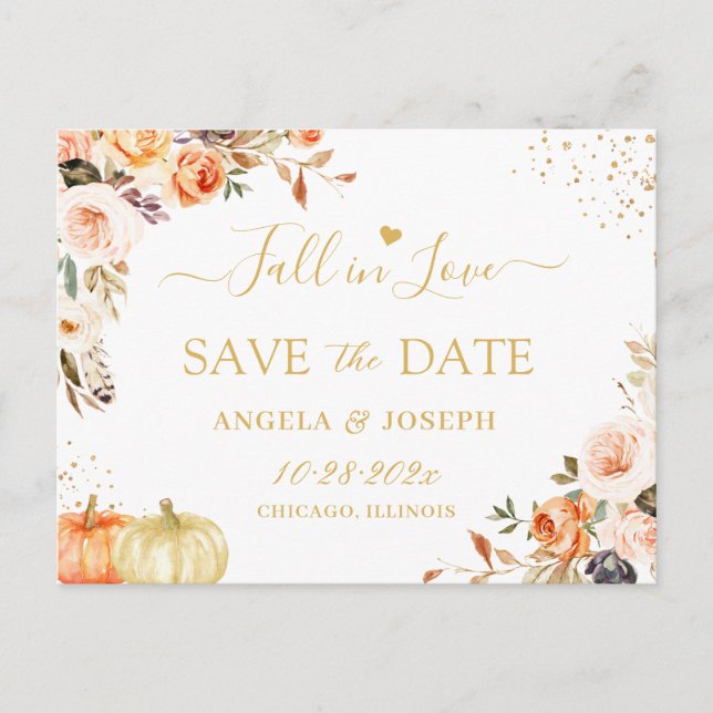 Carte Postale Chute en amour Automne Gold Boho Floral Enregistre (Devant)