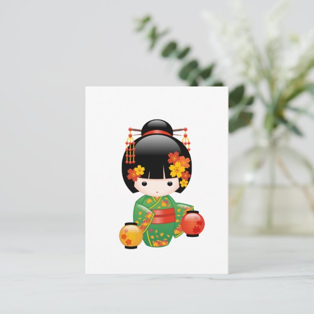 Carte Postale Chute Poupée Kokeshi - Japonaise Geisha Girl (Debout devant)