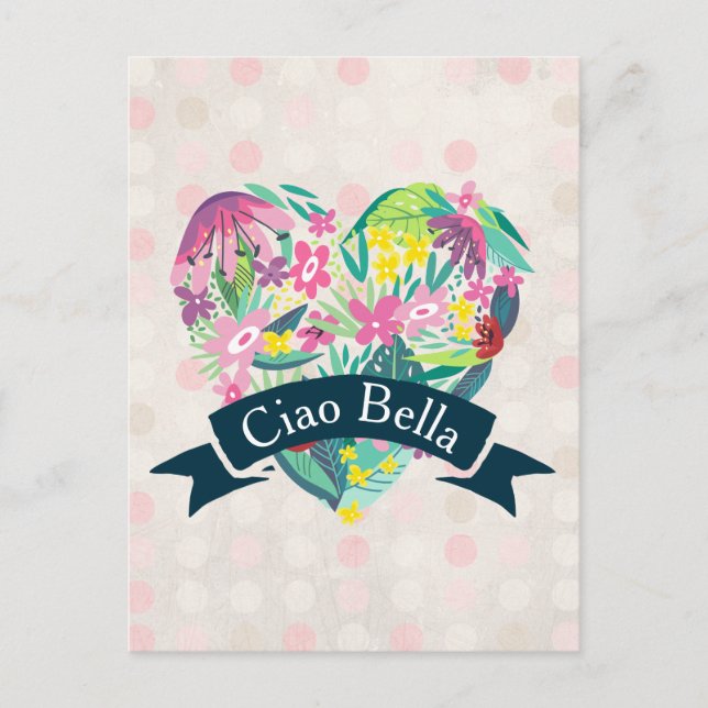 Carte Postale Ciao Bella Cute Coeur Floral sur Cercles roses (Devant)