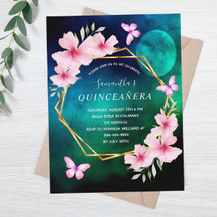 Carte Postale Ciel bleu vert lune floraux roses Quinceanera