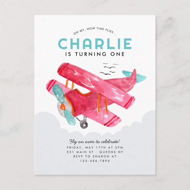 Carte Postale Ciel mignon nuage aquarelle rouge avion anniversai (Devant)