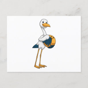 Carte Postale Cigogne au bowling avec boule de bowling