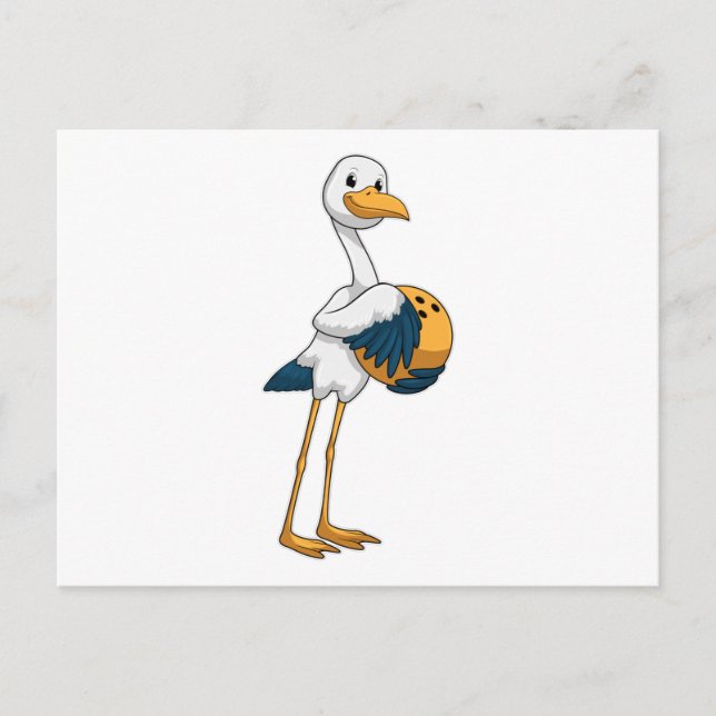 Carte Postale Cigogne au bowling avec boule de bowling (Devant)