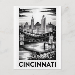 Carte Postale Cincinnati Ohio Skyline Noir et Blanc Gravure sur