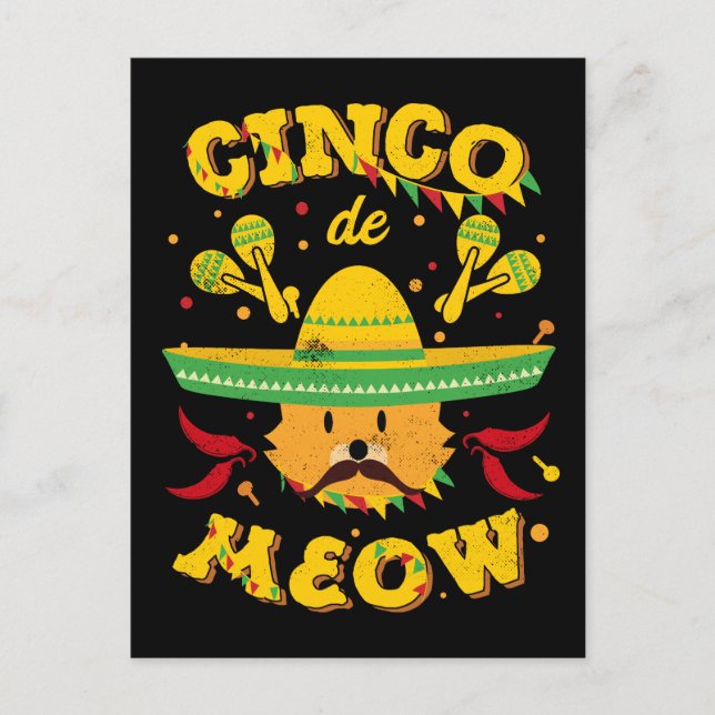 Carte Postale Cinco de Mayo Cat Cinco de Meow Kitten Sombrero (Devant)
