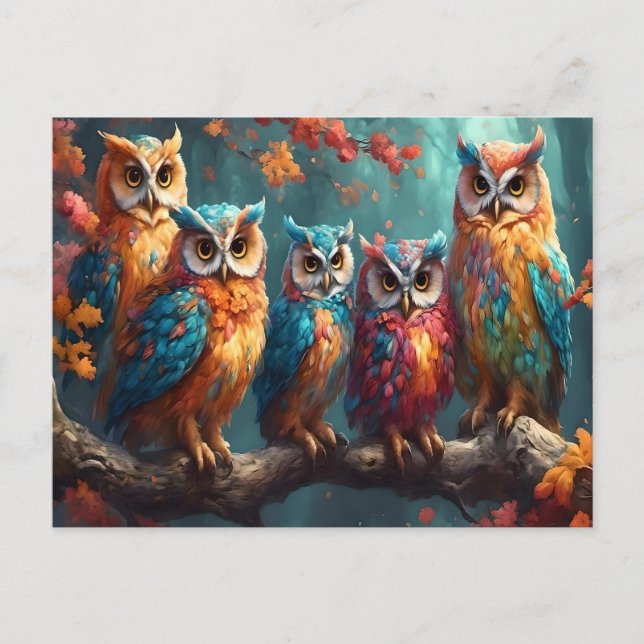 Carte Postale Cinq Chouettes Perchées Sur Une Branche D'Arbre (Devant)