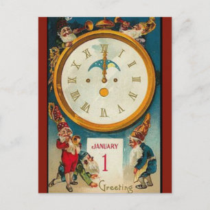 Carte Postale Cinq elfes vintages autour d'une horloge Bonne ann