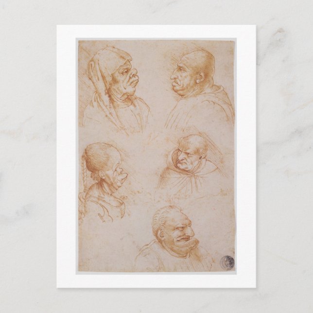 Carte Postale Cinq études des visages Grotesques (craie rouge su (Devant)