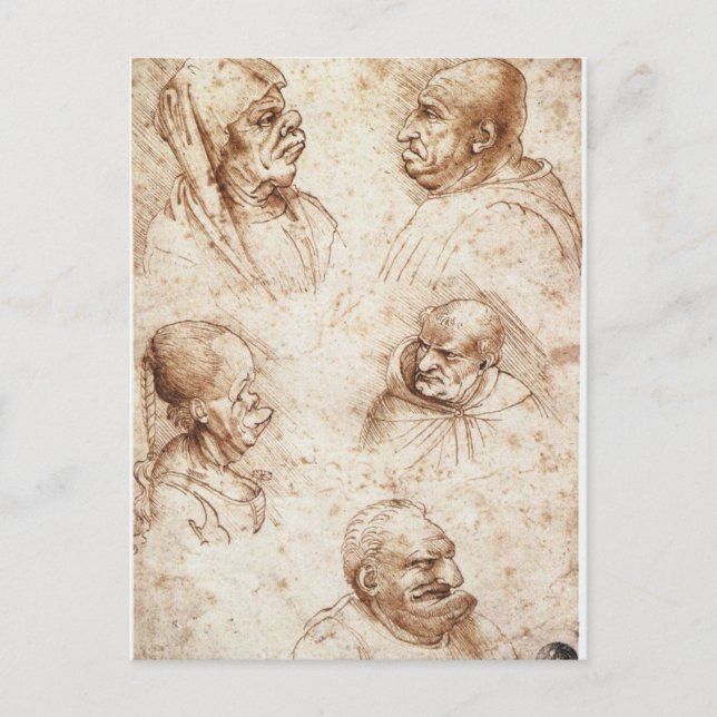 Carte Postale Cinq têtes de caricature de Léonard de Vinci (Devant)