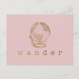 Carte Postale Citation de voyage et Globe en Blush et Gold 