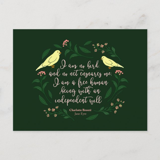 Carte Postale Citation d'Oiseau Floral Vert Charlotte Bronte Jan (Devant)
