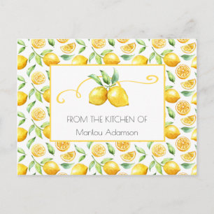 Carte Postale Citrons d'aquarelle et recettes Feuilles vertes